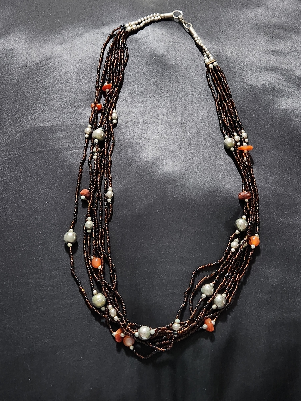 ​Vintage Multi-Strand Seed Bead Necklace Carnelian Agate & Silvertone Accents